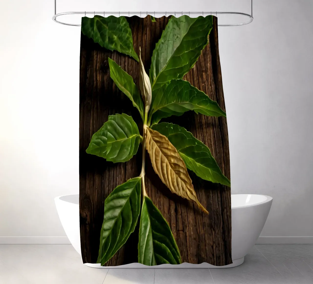 Foglie verdi fresche con una singola foglia secca su un rustico di legno tenda da doccia da DesignDoodle