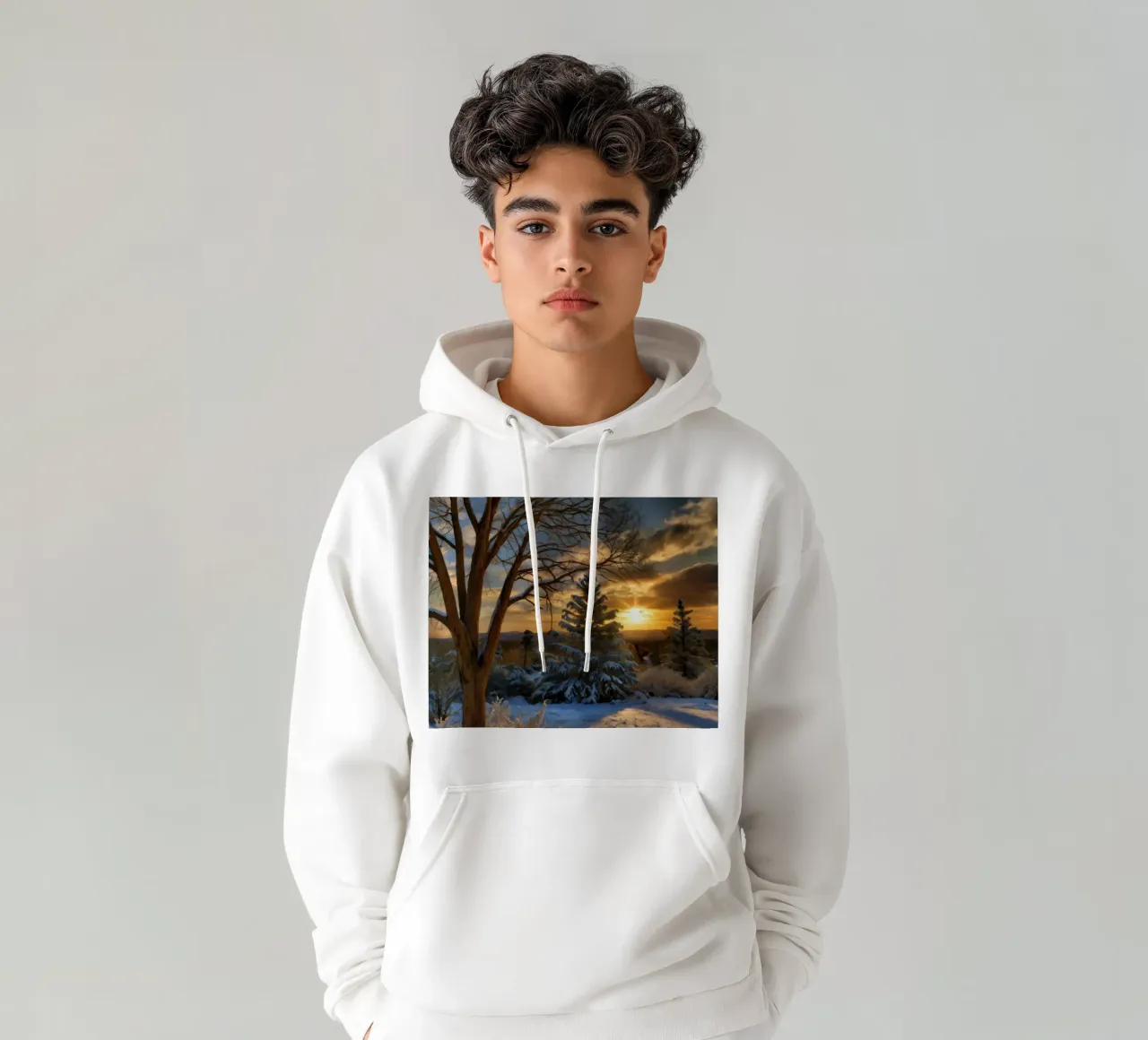Tramonto invernale su un paesaggio innevato con alberi in primo piano felpa con cappuccio da DesignDoodle