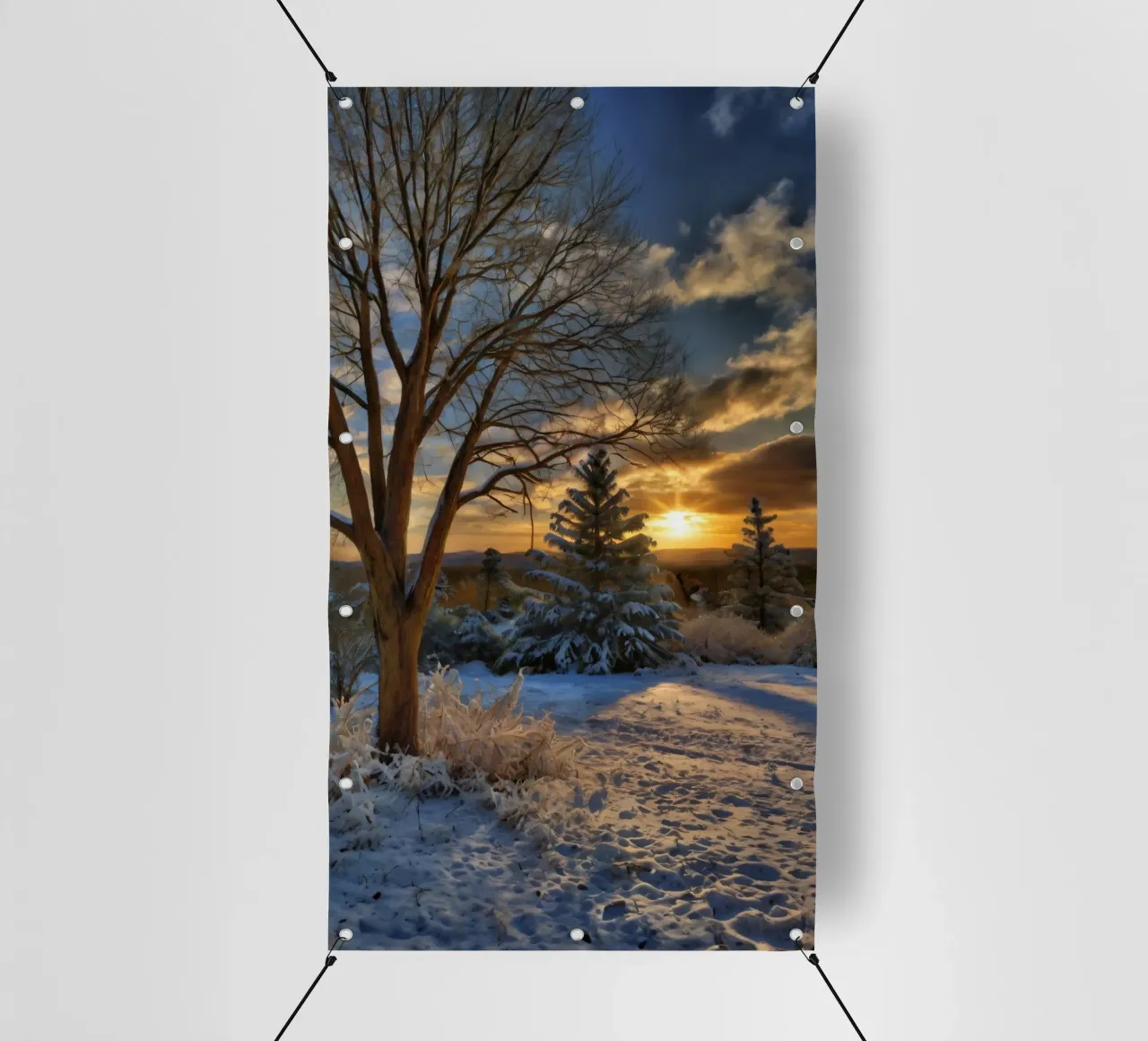 Tramonto invernale su un paesaggio innevato con alberi in primo piano telo in pvc da DesignDoodle