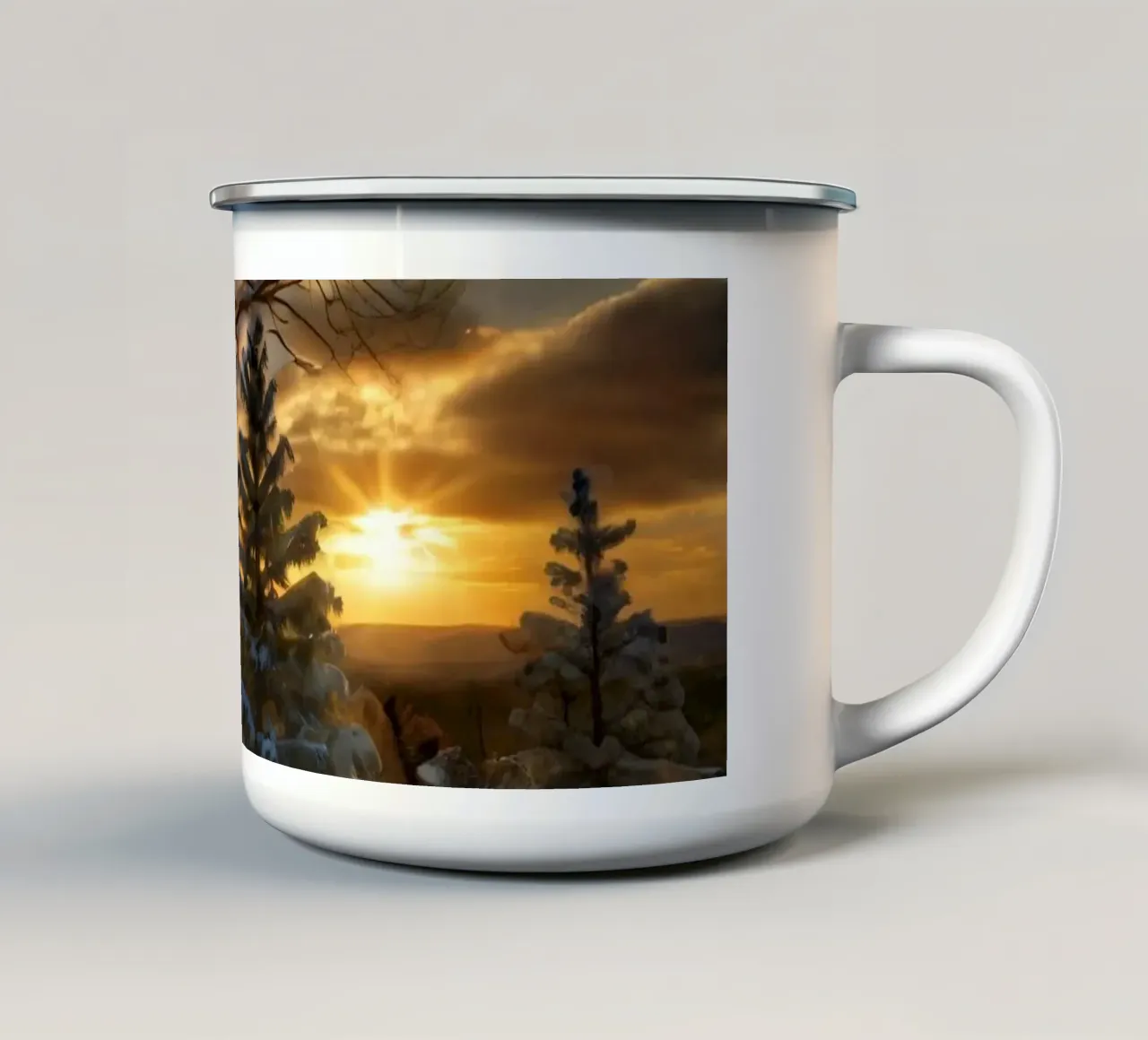 Tramonto invernale su un paesaggio innevato con alberi in primo piano tazza in smalto da DesignDoodle