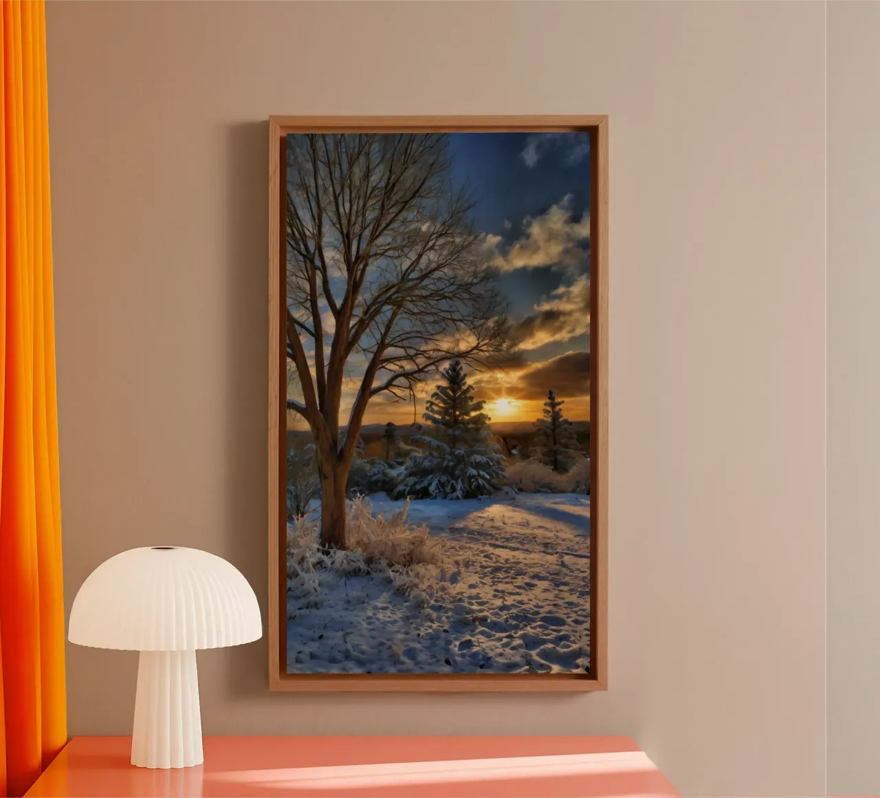 Tramonto invernale su un paesaggio innevato con alberi in primo piano tela con Cornice a cassetta da DesignDoodle