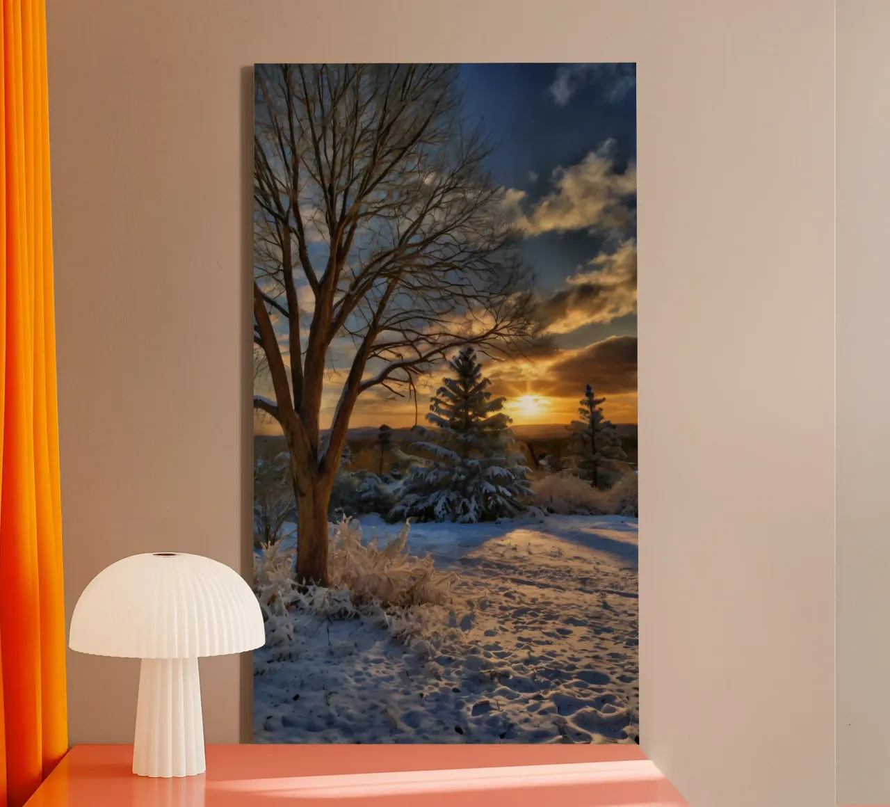 Tramonto invernale su un paesaggio innevato con alberi in primo piano tela con Cornice a cassetta da DesignDoodle