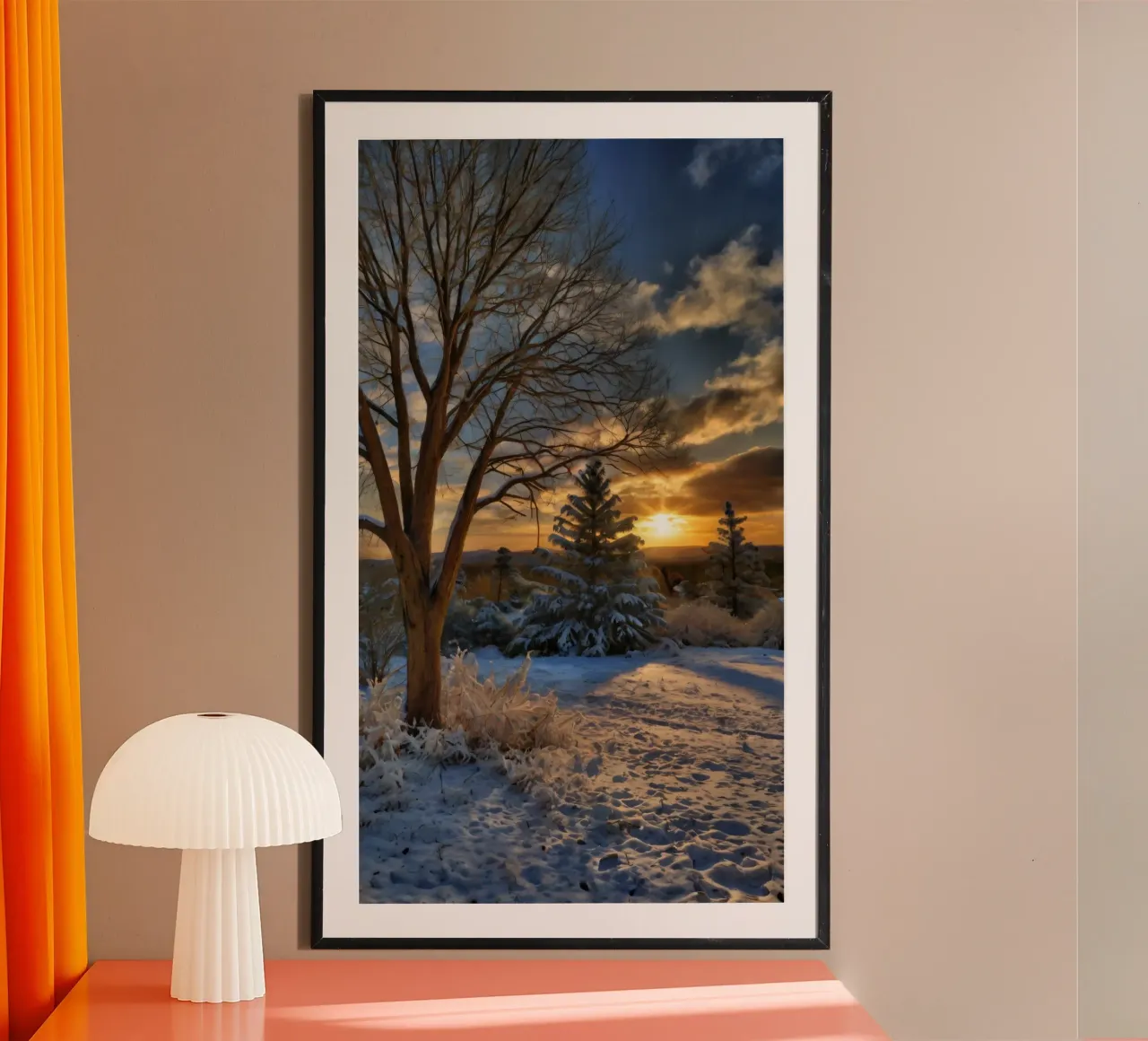 Tramonto invernale su un paesaggio innevato con alberi in primo piano poster da DesignDoodle