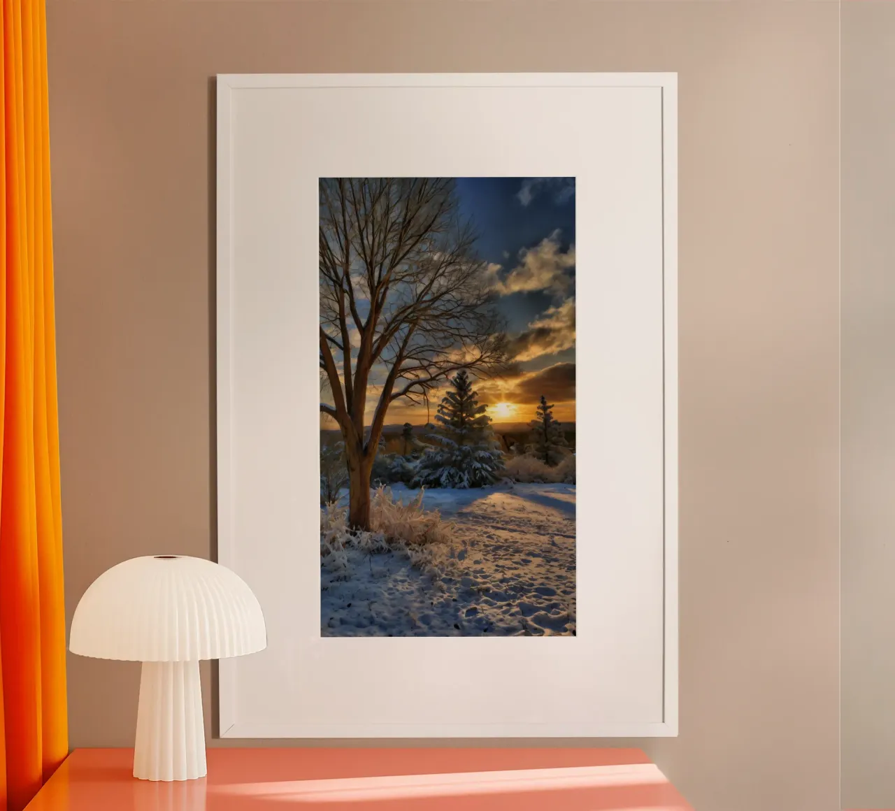 Tramonto invernale su un paesaggio innevato con alberi in primo piano poster da DesignDoodle