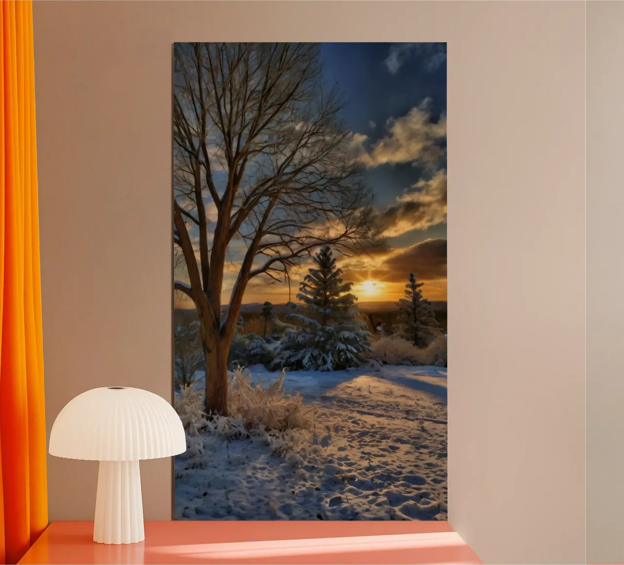 Tramonto invernale su un paesaggio innevato con alberi in primo piano poster da DesignDoodle