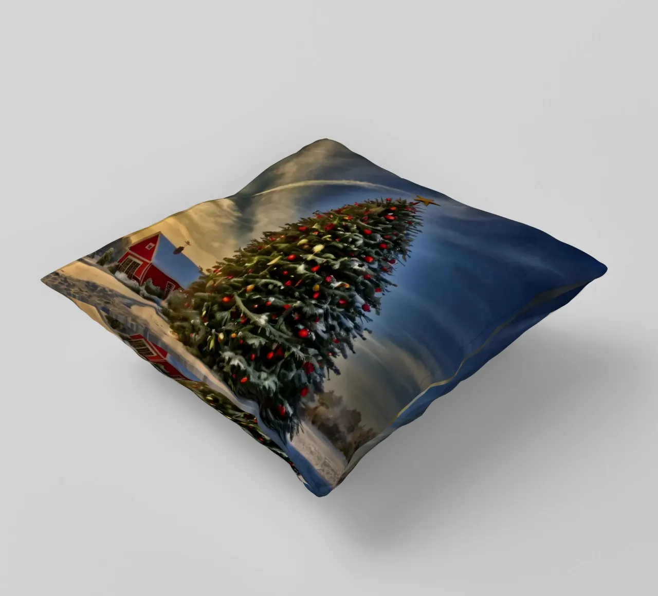 Paesaggio innevato con albero di Natale decorato cuscino da DesignDoodle