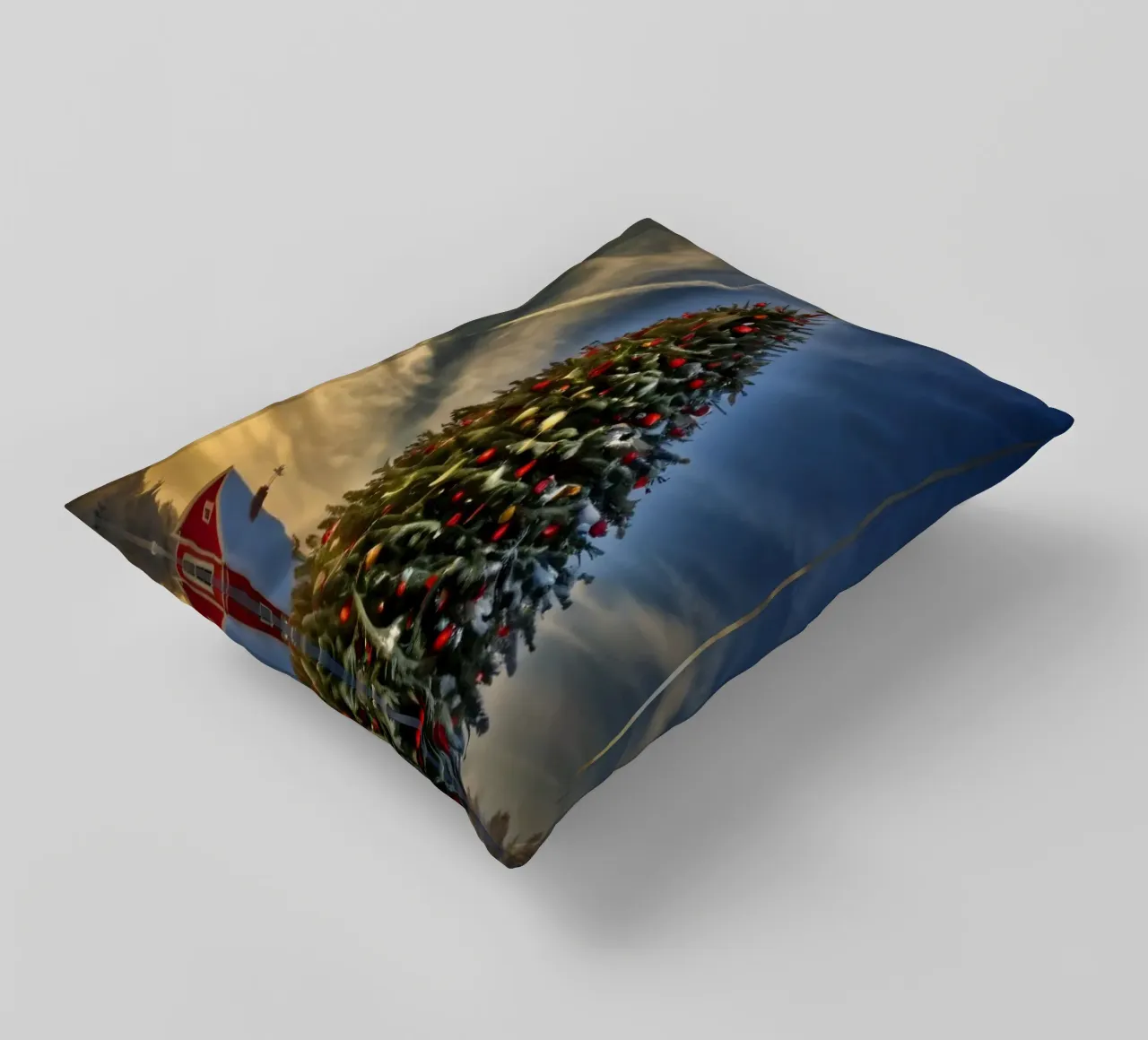 Paesaggio innevato con albero di Natale decorato cuscino da DesignDoodle