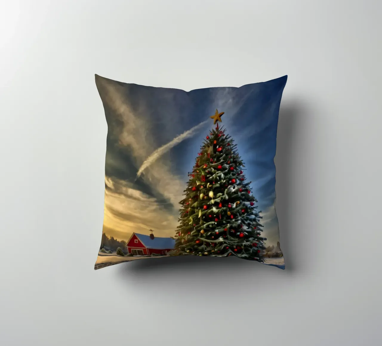 Paesaggio innevato con albero di Natale decorato cuscino da DesignDoodle