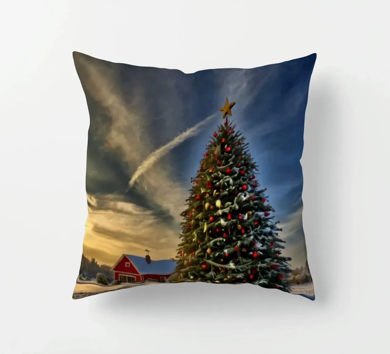 Paesaggio innevato con albero di Natale decorato cuscino da DesignDoodle