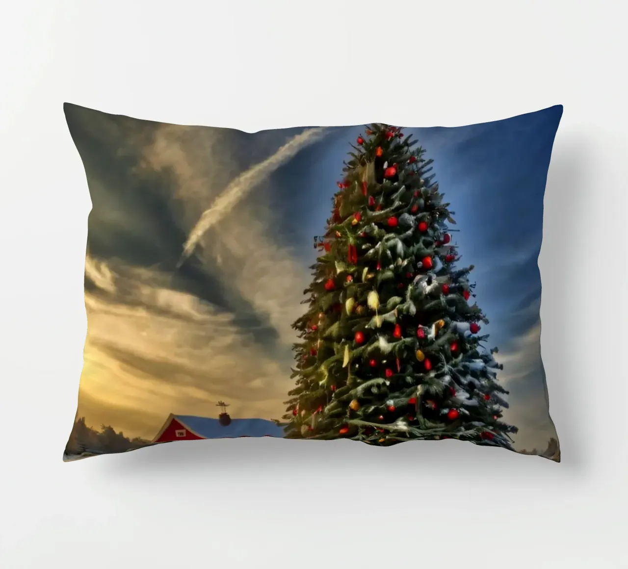 Paesaggio innevato con albero di Natale decorato cuscino da DesignDoodle