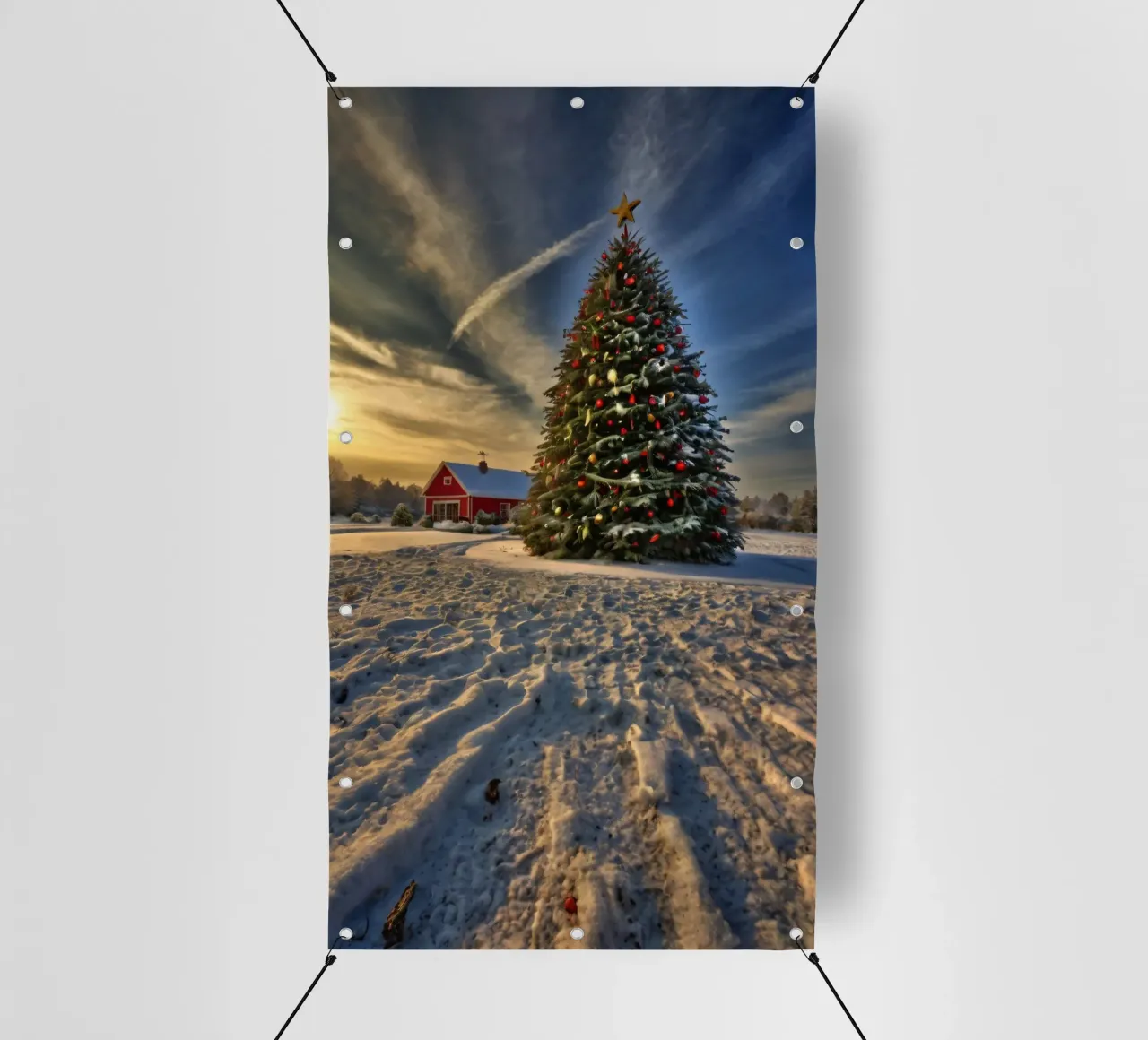 Snow-covered landscape featuring a decorated Christmas tree pvc cover by DesignDoodle