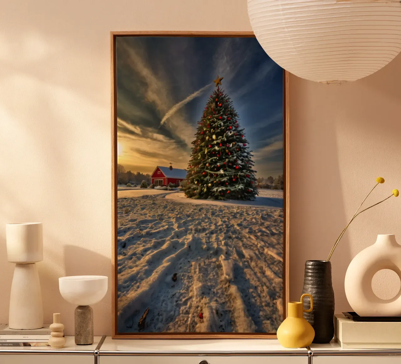 Besneeuwd landschap met een versierde kerstboom canvas met Baklijst van DesignDoodle
