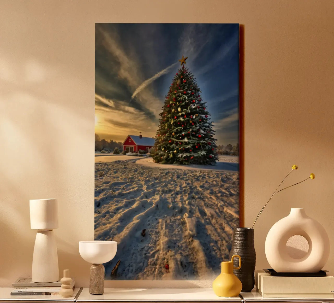 Besneeuwd landschap met een versierde kerstboom canvas met Baklijst van DesignDoodle