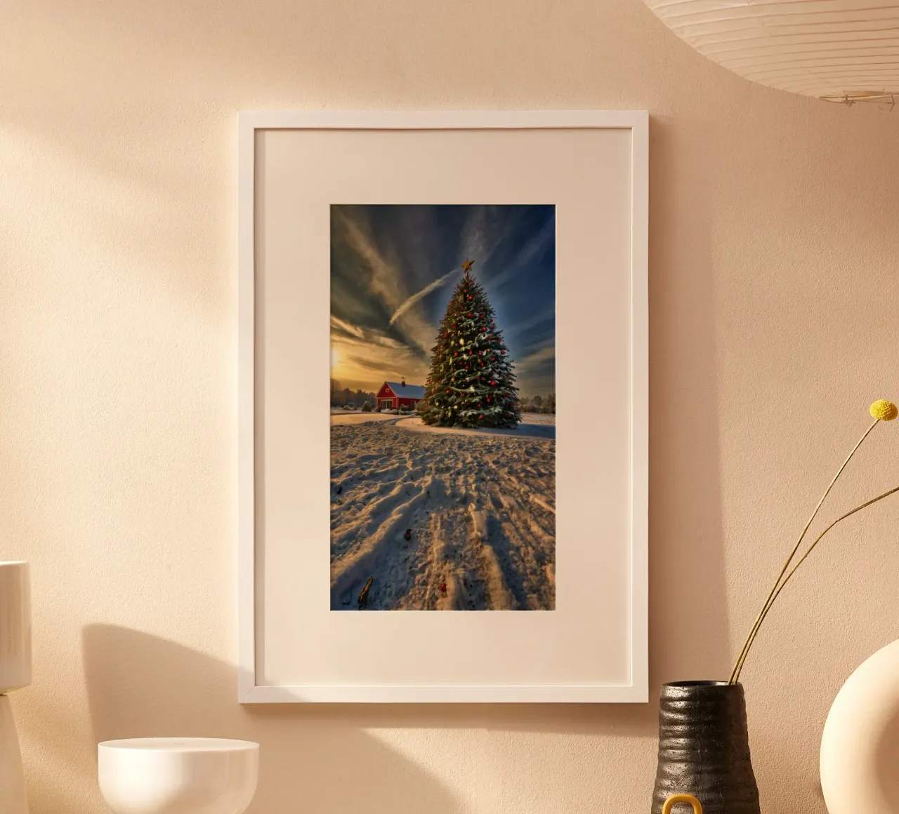 Snow-covered landscape featuring a decorated Christmas tree poster by DesignDoodle
