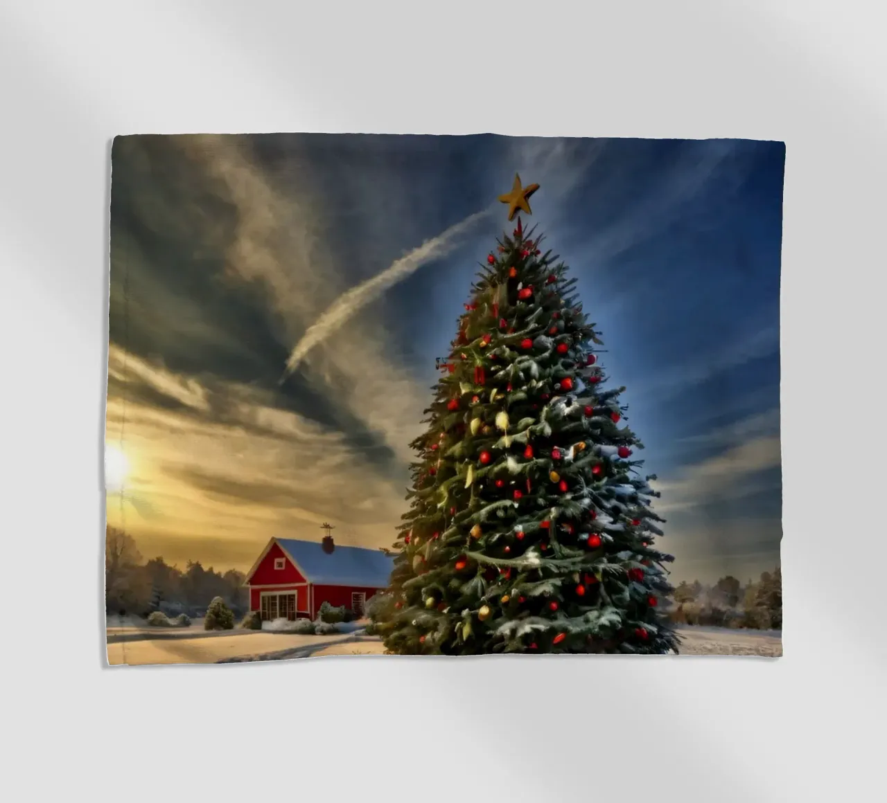 Snow-covered landscape featuring a decorated Christmas tree beach towel by DesignDoodle