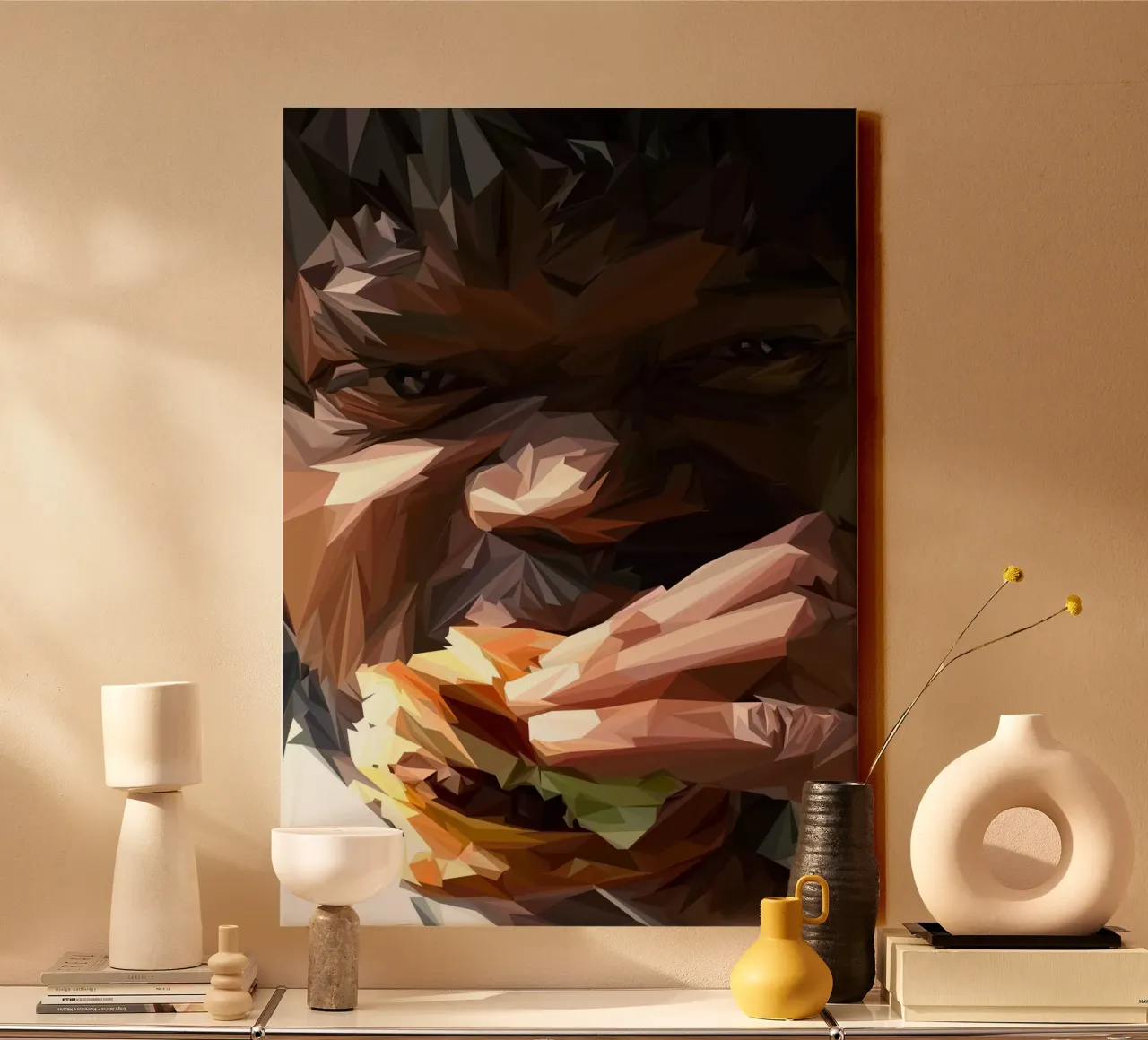 Man eat burger tela con Cornice a cassetta da Low poly art