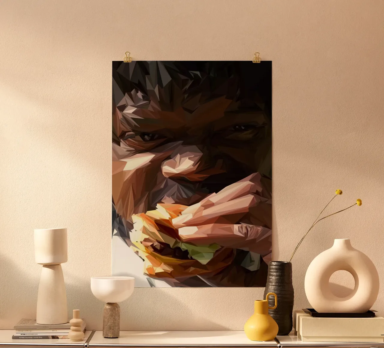 Man eat burger poster con telaio in alluminio da Low poly art