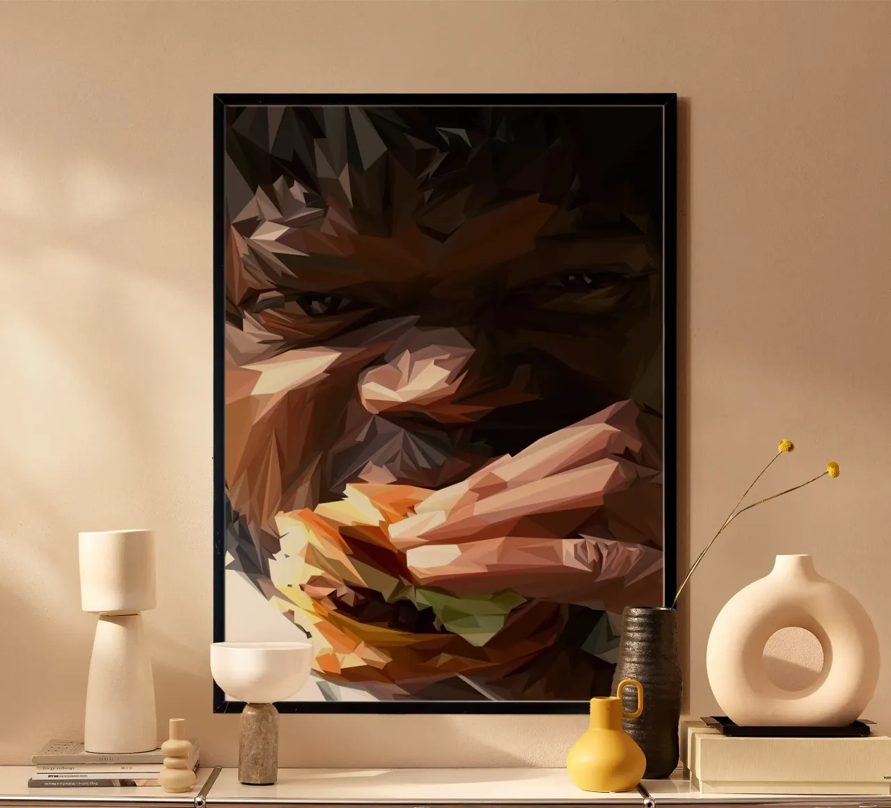 Man eat burger poster con telaio in alluminio da Low poly art