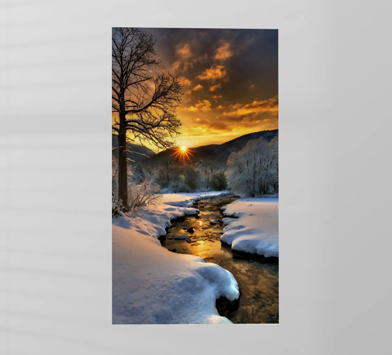 Un tramonto invernale su un tranquillo torrente circondato dalla neve pellicola backlit da DesignDoodle