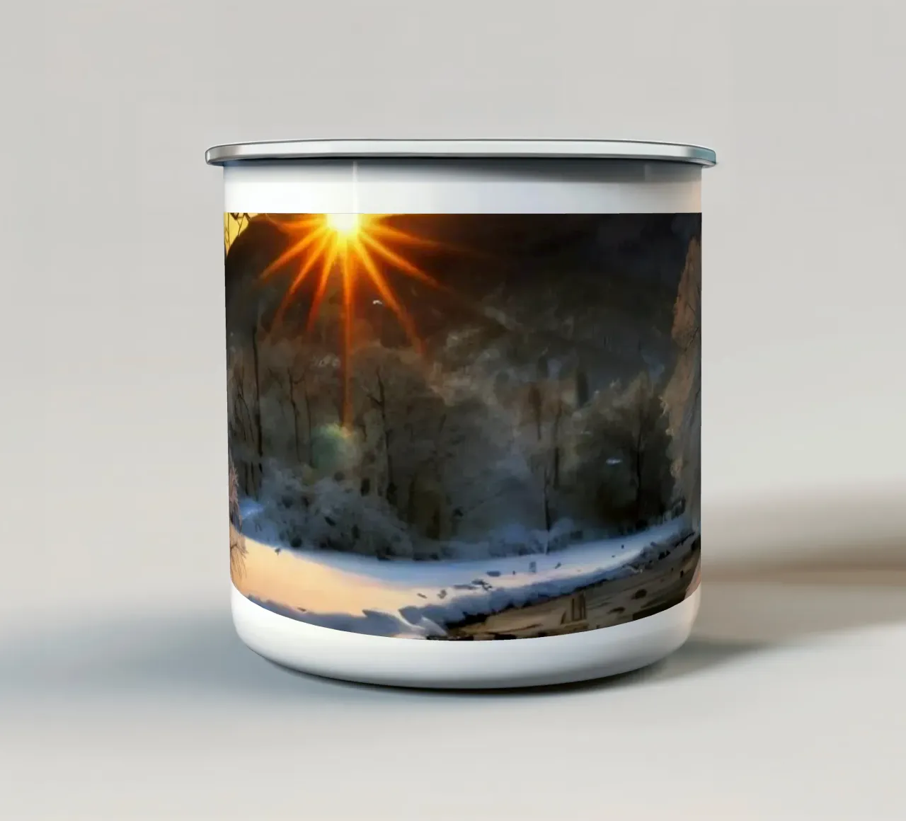 Un tramonto invernale su un tranquillo torrente circondato dalla neve tazza in smalto da DesignDoodle