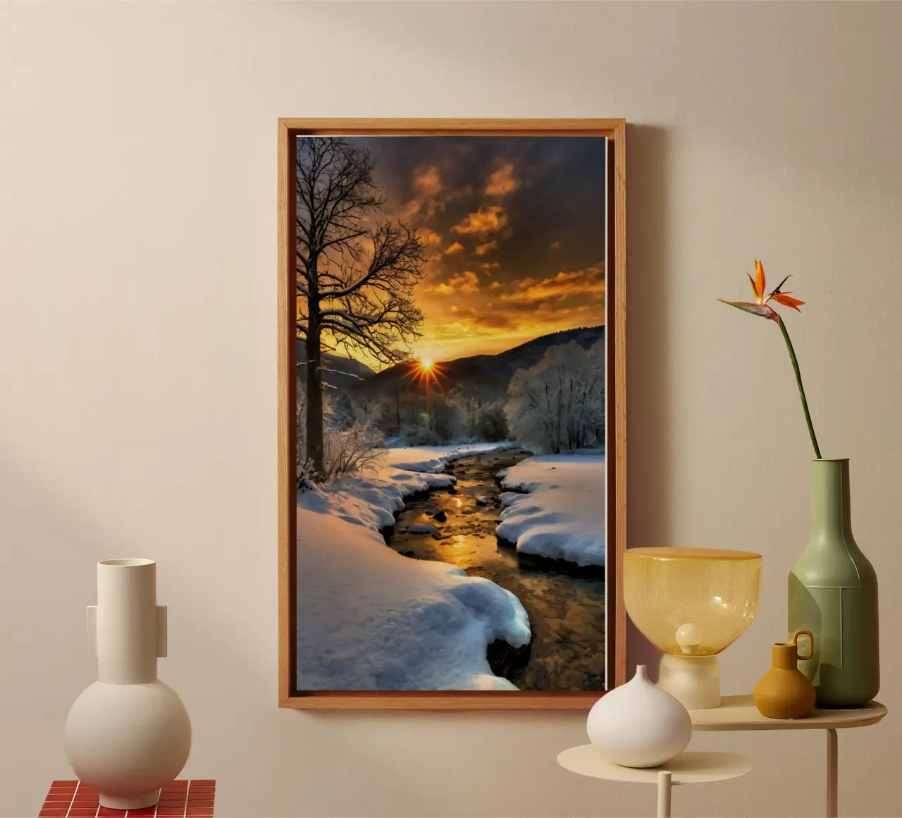 Un tramonto invernale su un tranquillo torrente circondato dalla neve tela con Cornice a cassetta da DesignDoodle