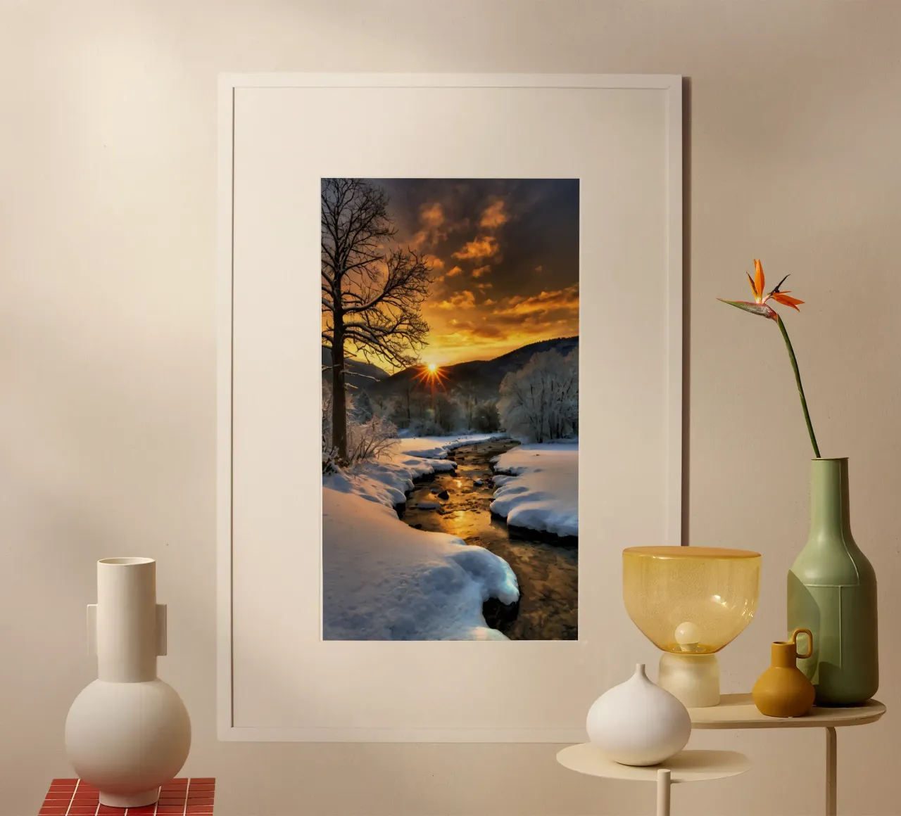 Un tramonto invernale su un tranquillo torrente circondato dalla neve poster con telaio in legno da DesignDoodle