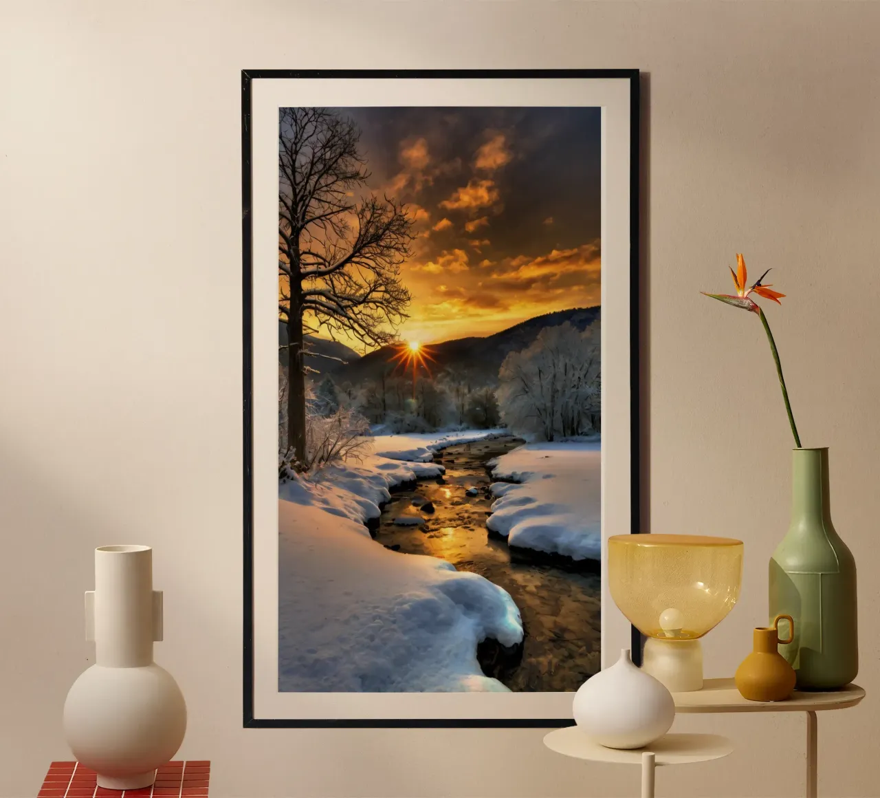 Un tramonto invernale su un tranquillo torrente circondato dalla neve poster con telaio in legno da DesignDoodle