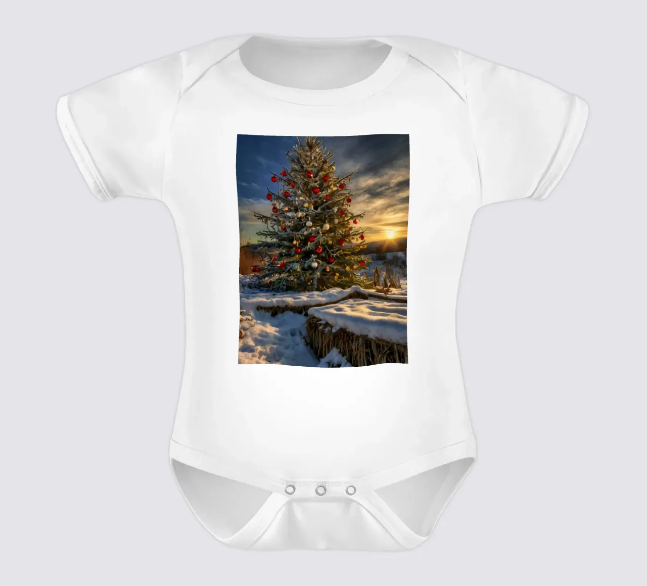 Un albero di Natale splendidamente decorato in mezzo alla neve body neonato maniche corte da DesignDoodle