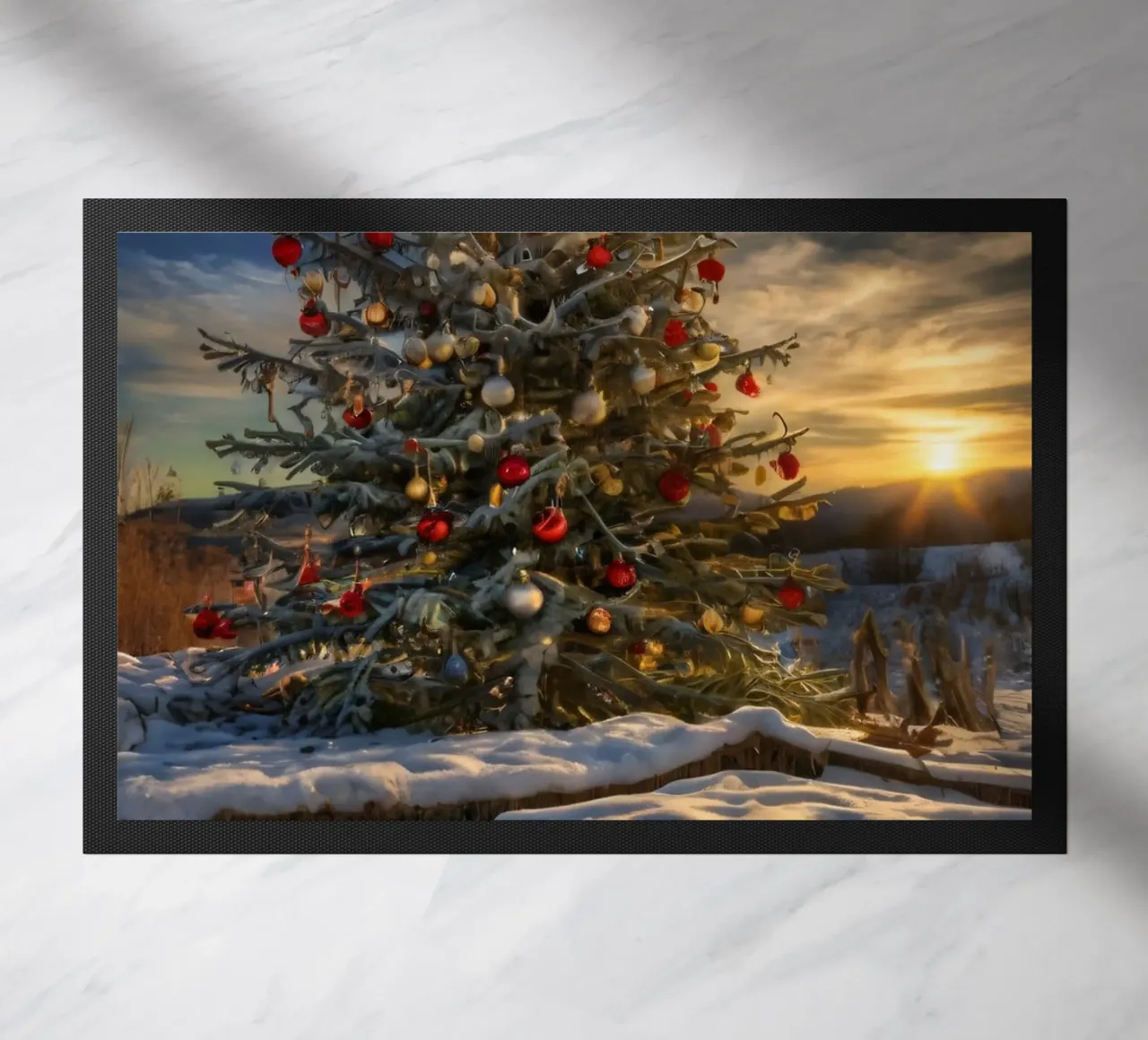 Un albero di Natale splendidamente decorato in mezzo alla neve zerbino da DesignDoodle