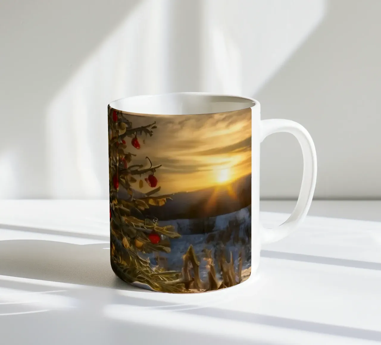 Un albero di Natale splendidamente decorato in mezzo alla neve tazza in ceramica da DesignDoodle