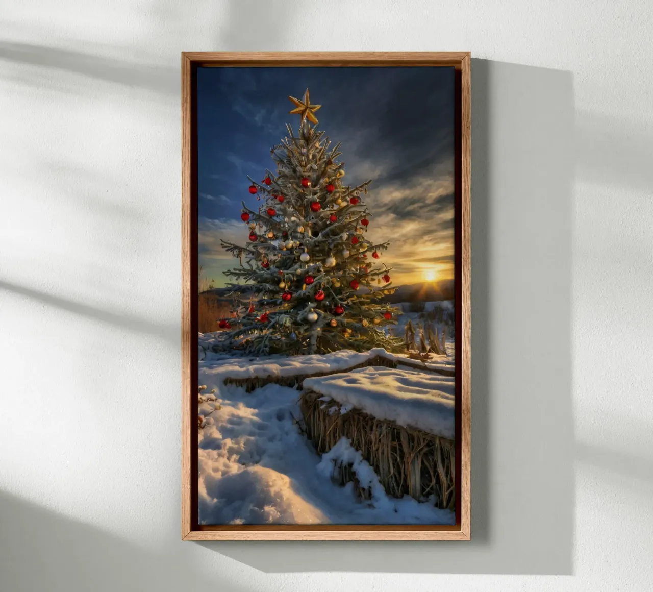 A beautifully decorated Christmas tree standing in snow canvas by DesignDoodle