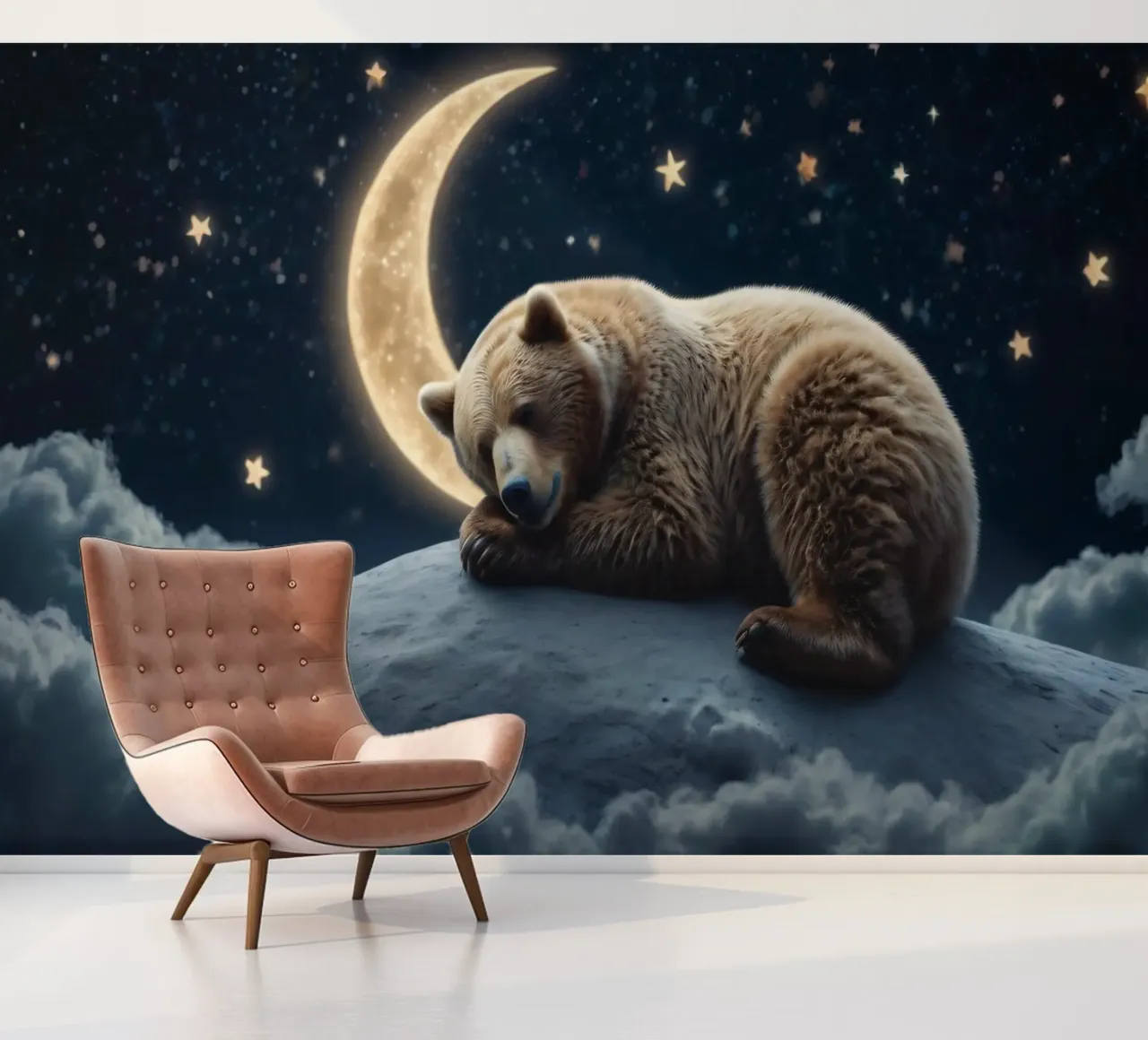 Un orso pacifico che riposa su una nuvola sotto una notte di cielo stellato carta da parati fotografica da DesignDoodle