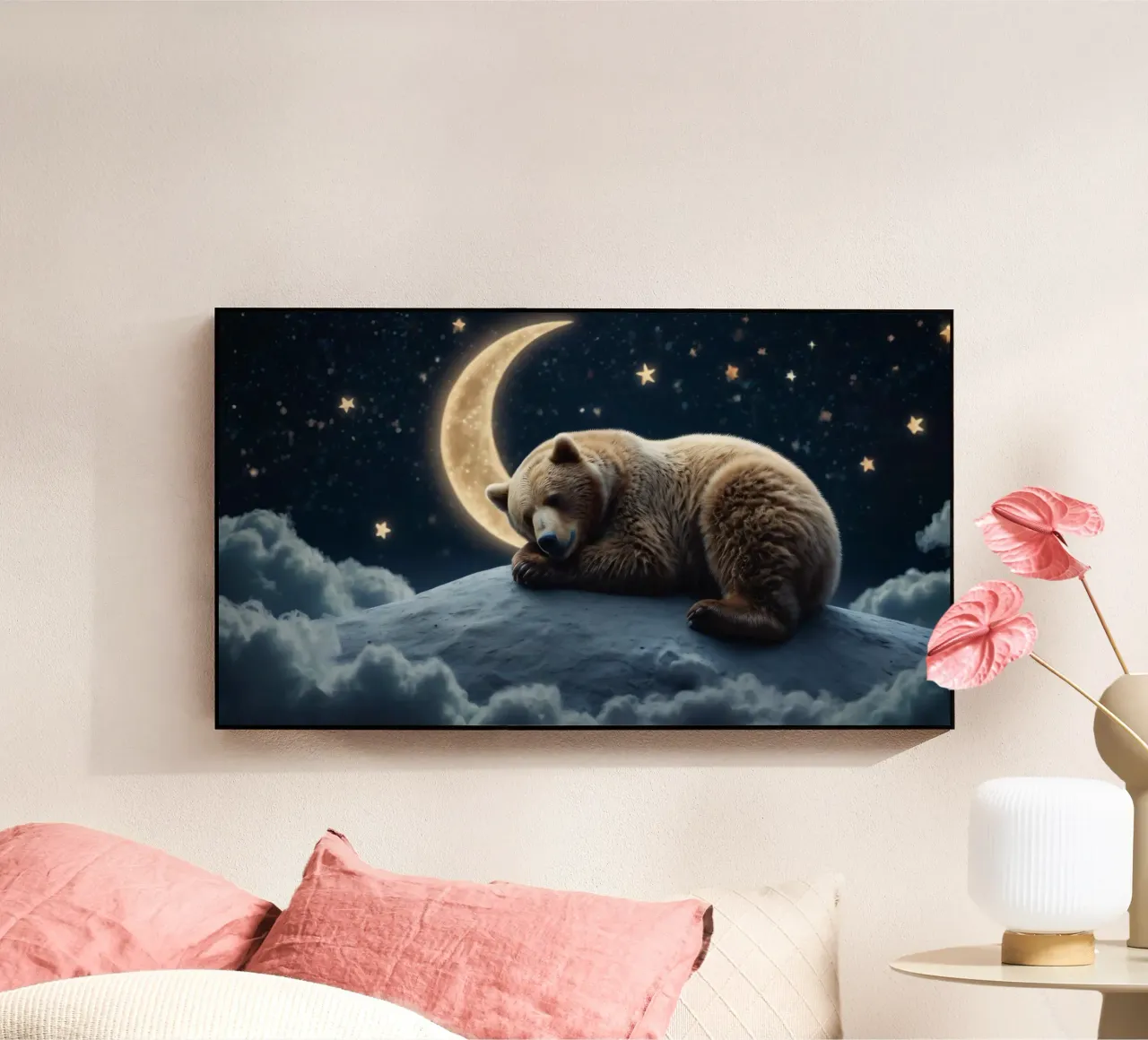 Un oso tranquilo descansando en una nube bajo una noche de cielo estrellado metacrilato de DesignDoodle