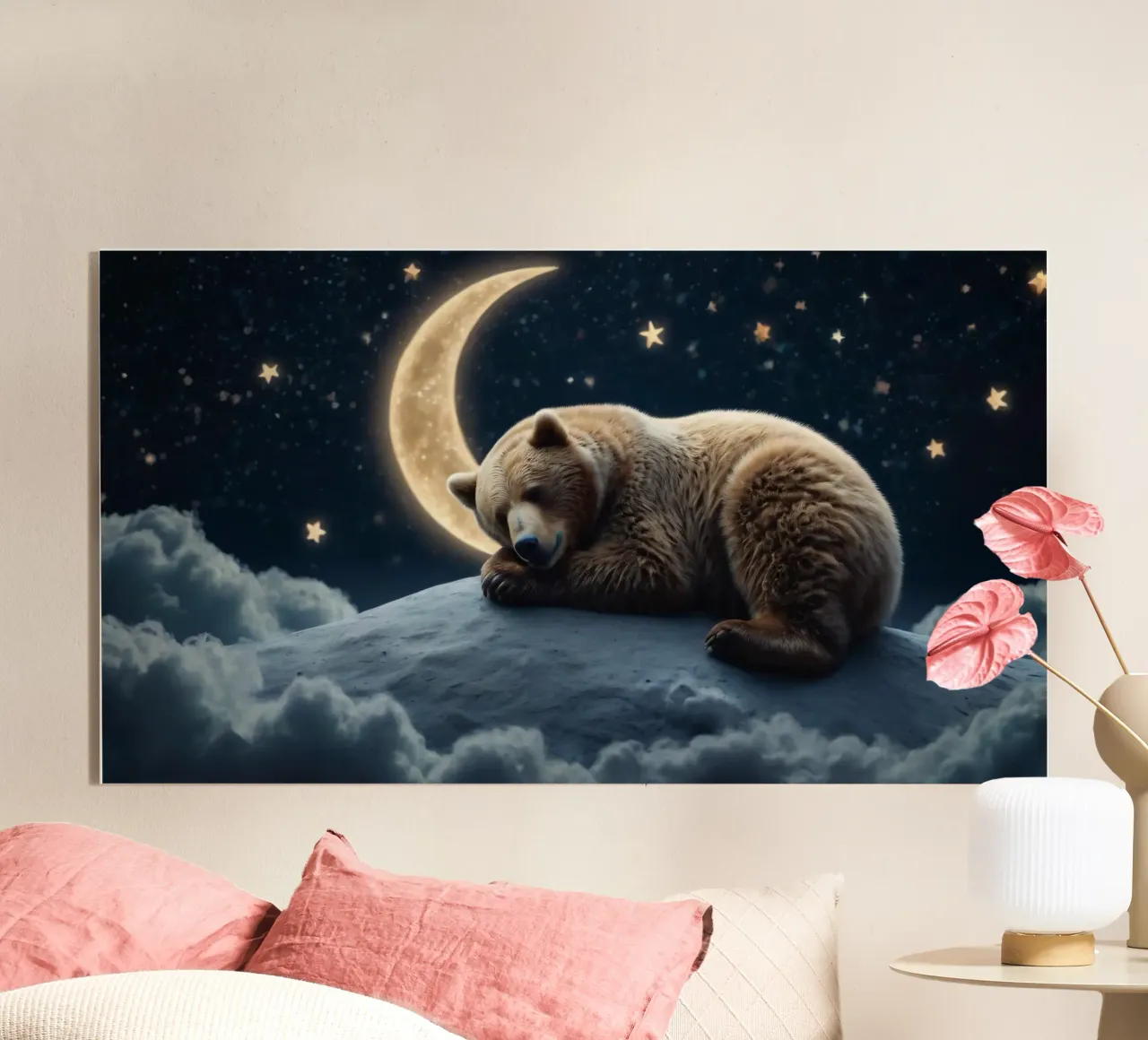 Un oso tranquilo descansando en una nube bajo una noche de cielo estrellado metacrilato de DesignDoodle