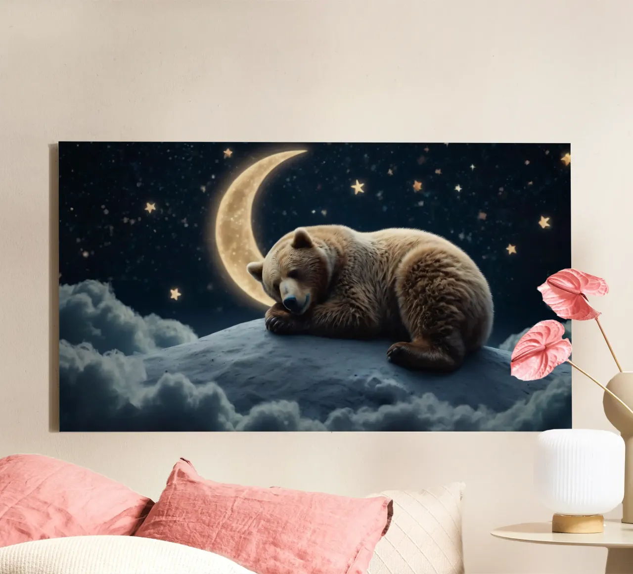 Un oso tranquilo descansando en una nube bajo una noche de cielo estrellado lienzo de DesignDoodle