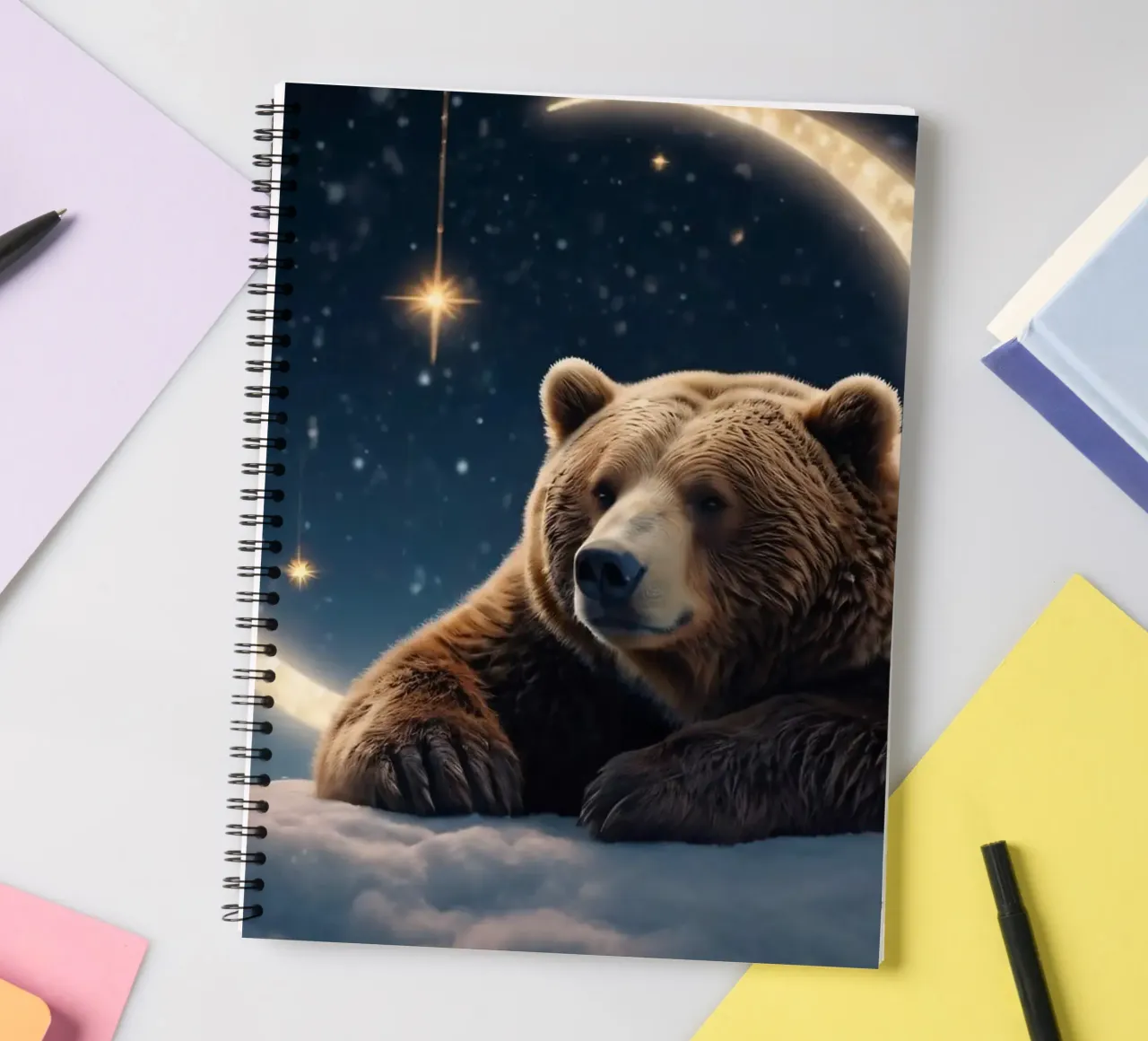 A bear rests on a cloud under a starlit sky crescent moon spiral notebook by DesignDoodle