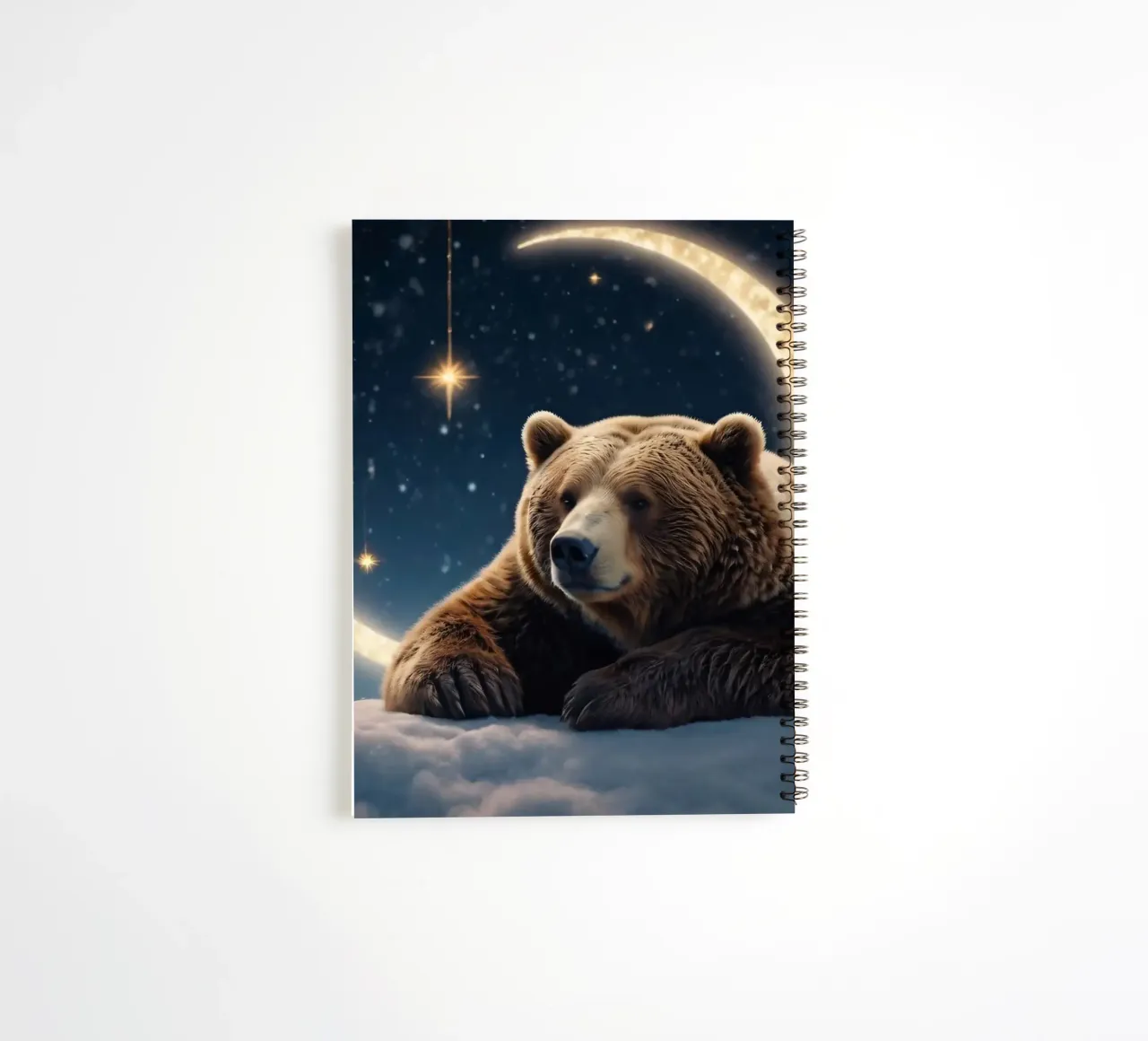 A bear rests on a cloud under a starlit sky crescent moon spiral notebook by DesignDoodle