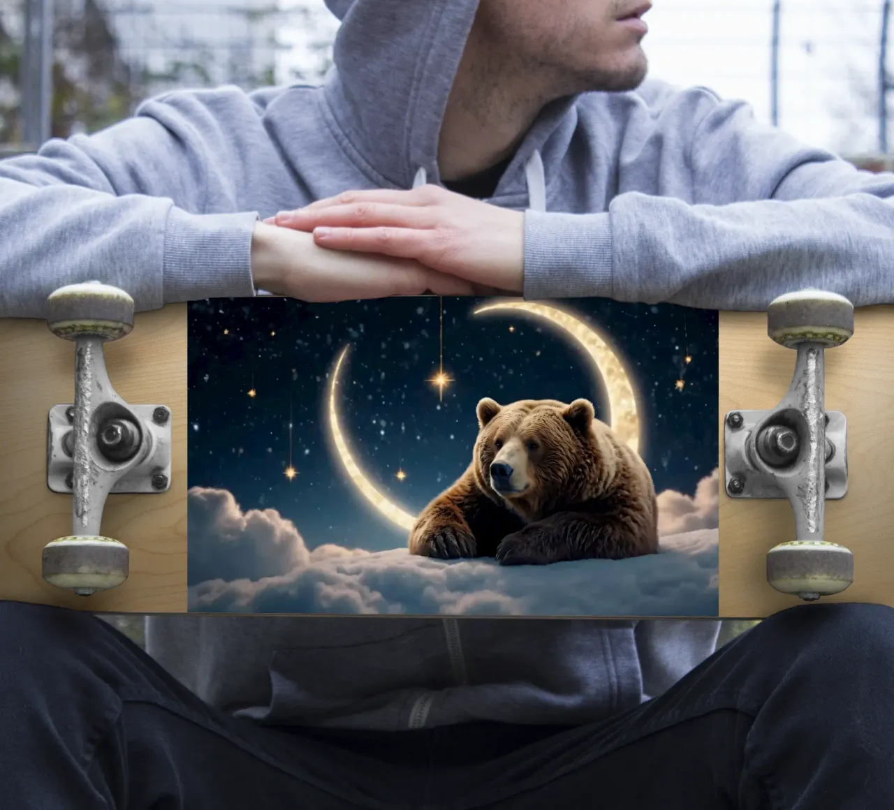 Un ours se repose sur un nuage sous un ciel étoilé et un croissant de lune. autocollant de DesignDoodle