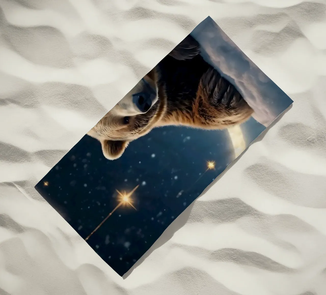 Un orso riposa su una nuvola sotto un cielo stellato con luna crescente telo mare da DesignDoodle