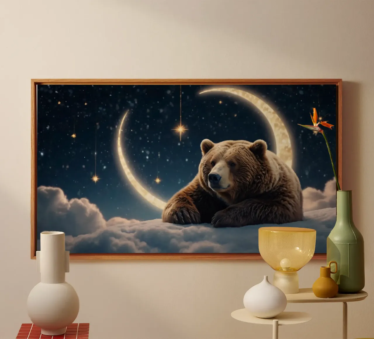 A bear rests on a cloud under a starlit sky crescent moon canvas by DesignDoodle