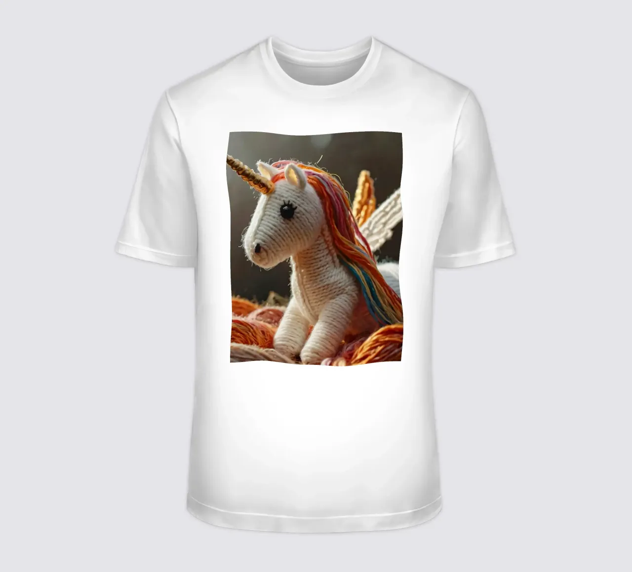 A colorful handcrafted unicorn toy rests among strands t-shirt by DesignDoodle