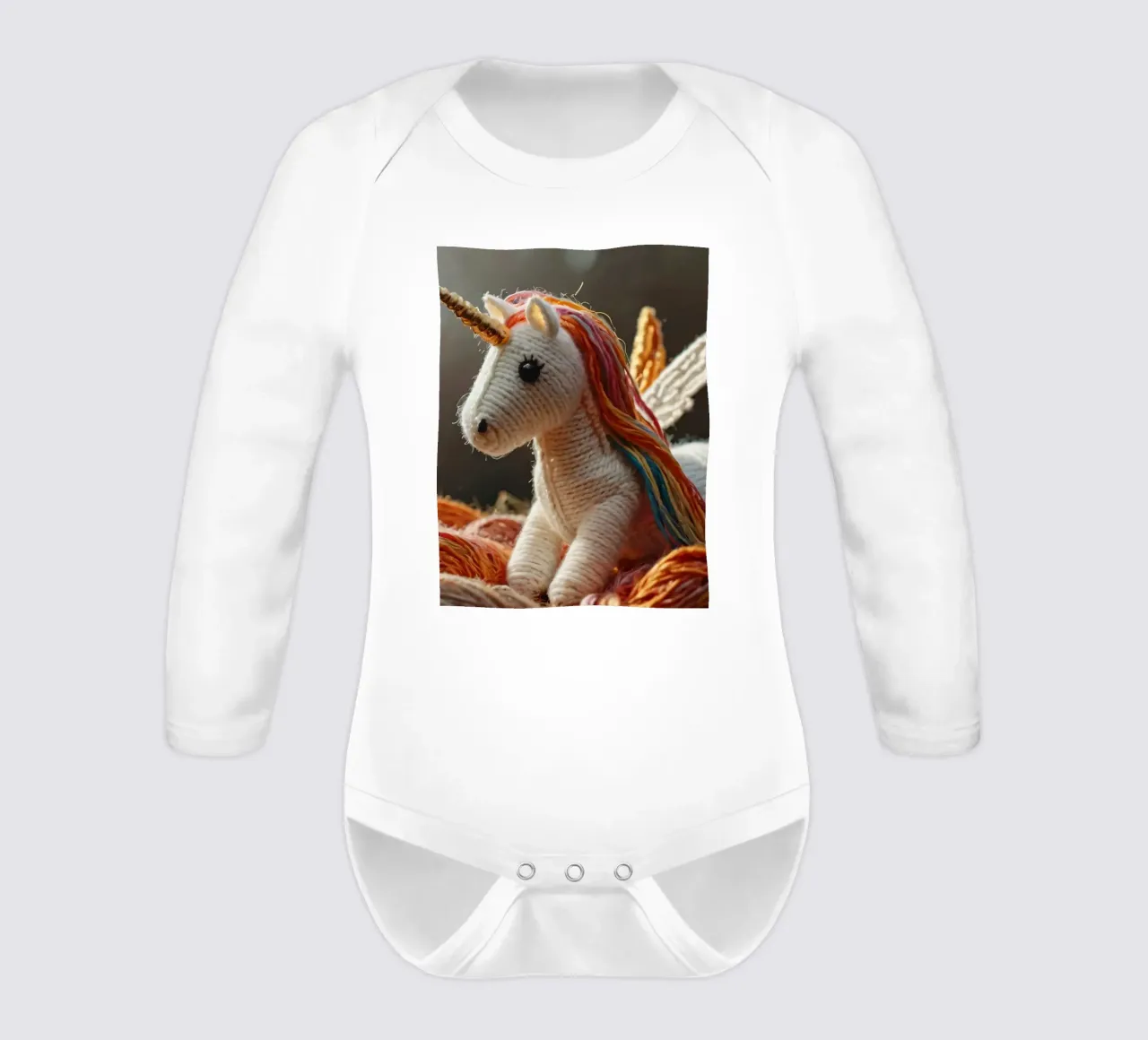 Un colorato giocattolo unicorno realizzato a mano riposa tra i fili body neonato maniche lunghe da DesignDoodle