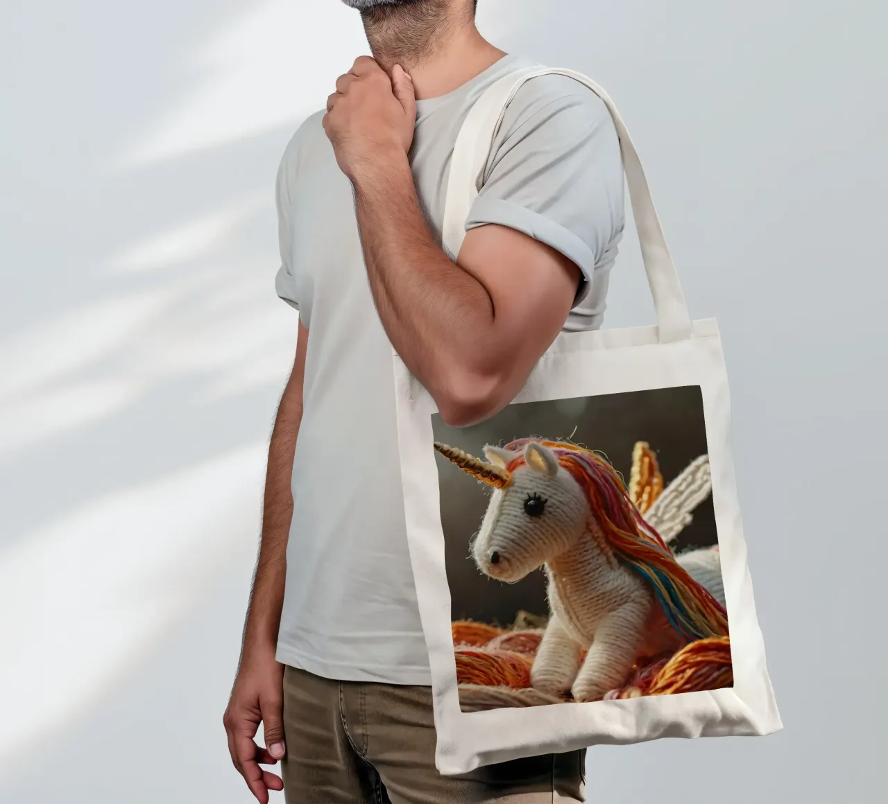 A colorful handcrafted unicorn toy rests among strands tote bag by DesignDoodle