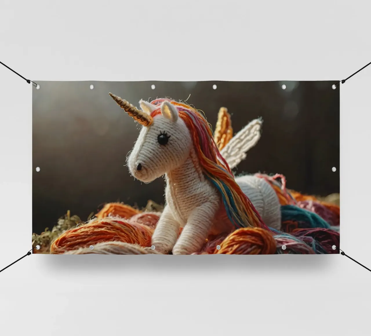Un colorato giocattolo unicorno realizzato a mano riposa tra i fili telo in pvc da DesignDoodle