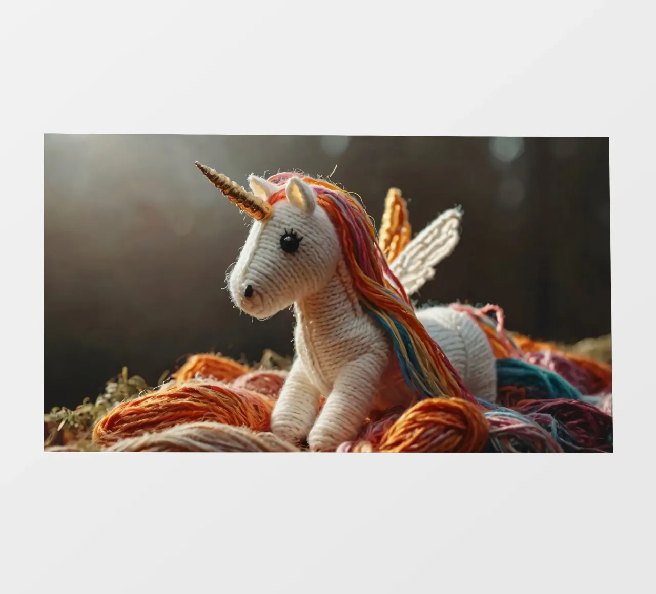 Un colorato giocattolo unicorno realizzato a mano riposa tra i fili telo in pvc da DesignDoodle