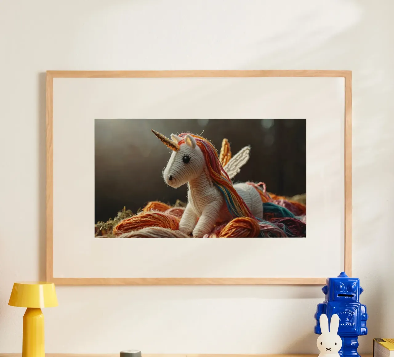A colorful handcrafted unicorn toy rests among strands hahnemühle by DesignDoodle