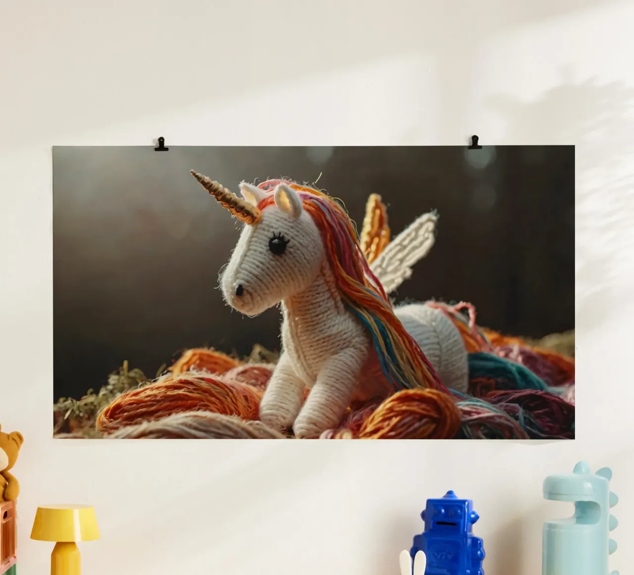 A colorful handcrafted unicorn toy rests among strands hahnemühle by DesignDoodle