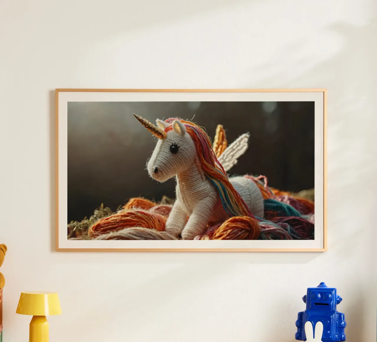 A colorful handcrafted unicorn toy rests among strands hahnemühle by DesignDoodle