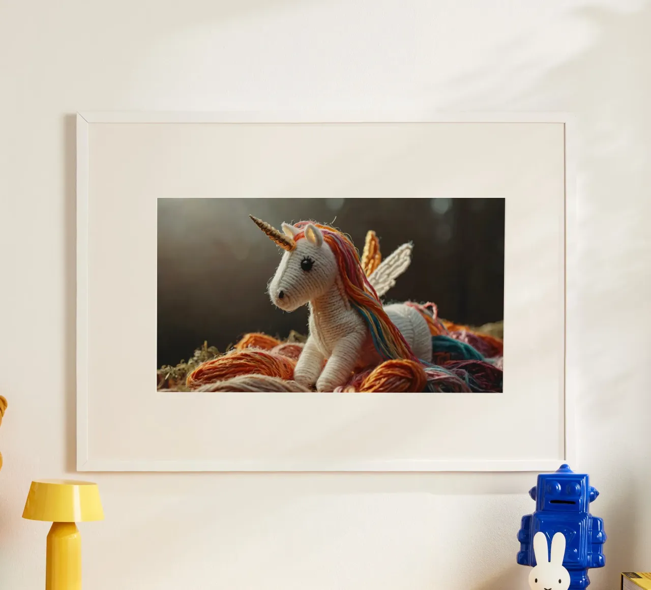 A colorful handcrafted unicorn toy rests among strands hahnemühle by DesignDoodle