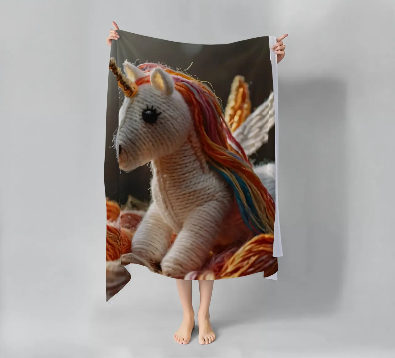 Un colorato giocattolo unicorno realizzato a mano riposa tra i fili telo mare da DesignDoodle